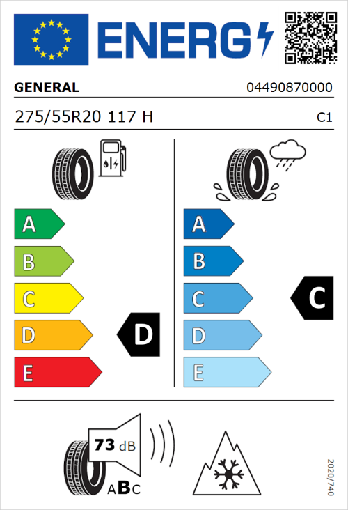 Tyre Label for General Grabber AT 3 275/55R20 117H