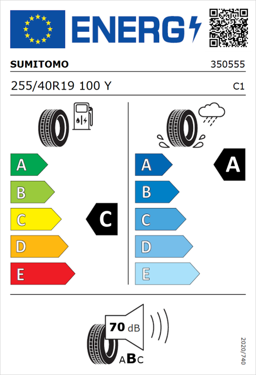Tyre Label for Sumitomo HTR Z5 255/40R19 100Y