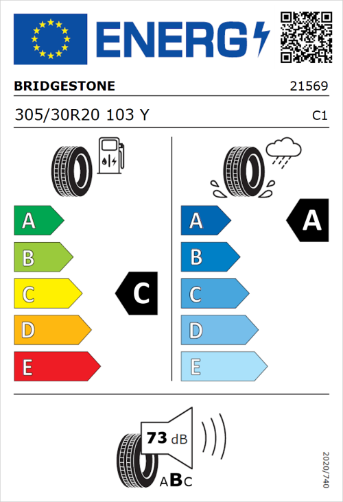 Tyre Label for Bridgestone Potenza Sport 305/30R20 103Y
