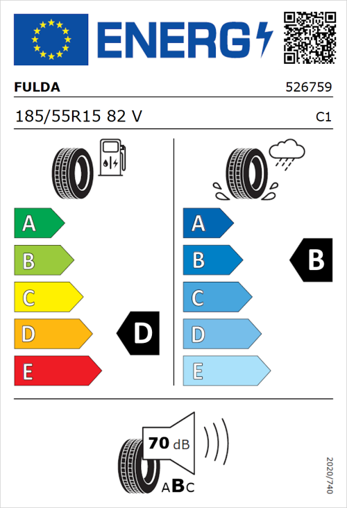 Tyre Label for Fulda EcoControl 185/55R15 82V