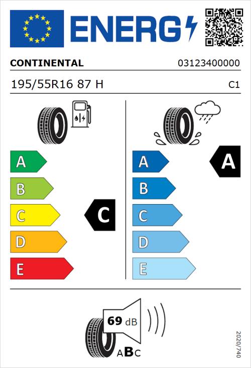 Tyre Label for Continental UltraContact 195/55R16 87H