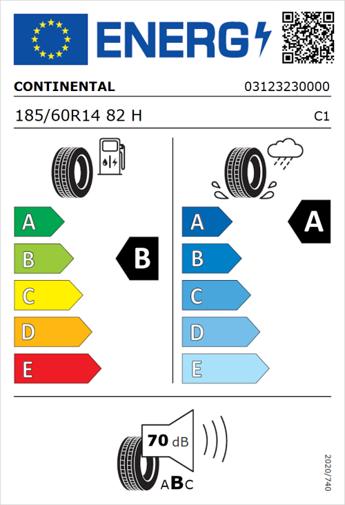 Tyre Label for Continental UltraContact 185/60R14 82H