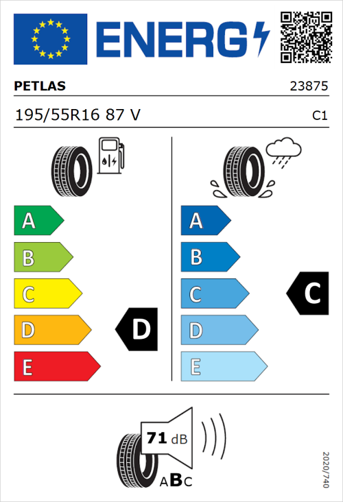 Tyre Label for Petlas Velox Sport PT741 195/55R16 87V