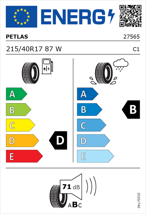 Tyre Label for Petlas Velox Sport PT741 215/40R17 87W