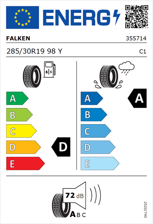Tyre Label for Falken Azenis RS820 285/30R19 98Y
