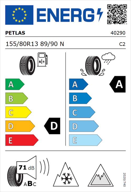 Tyre Label for Petlas Full Grip PT925 155/80R13 89/90N