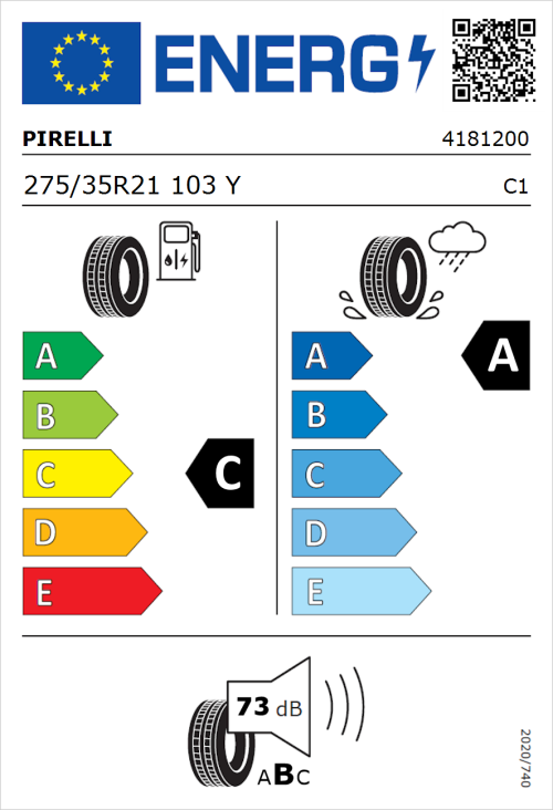 Tyre Label for Pirelli P Zero (PZ4) Sport Car 275/35R21 103Y