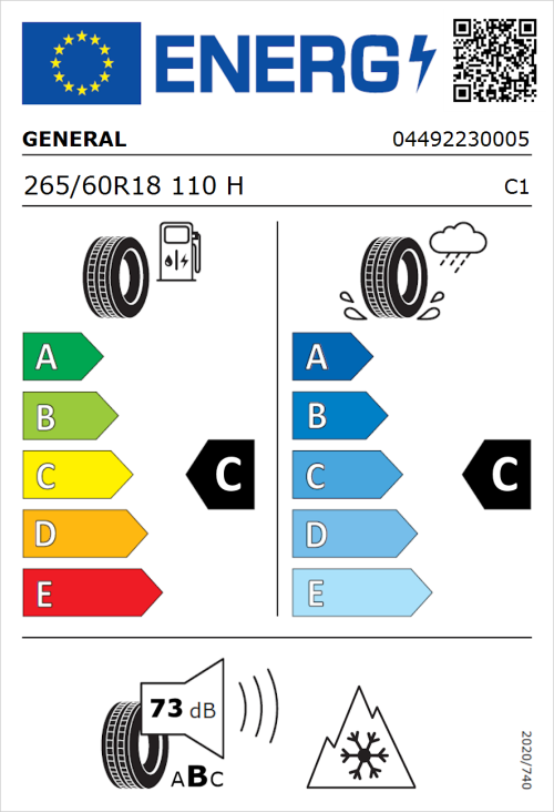 Tyre Label for General Grabber AT 3 265/60R18 110H