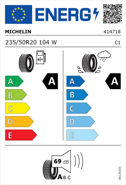Tyre Label for Michelin Primacy 5 Energy 235/50R20 104W