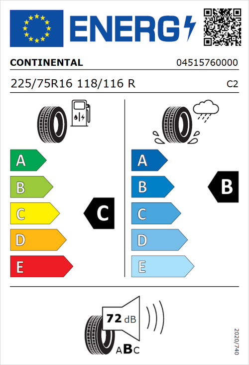 Tyre Label for Continental ContiVanContact 100 225/75R16 118/116R