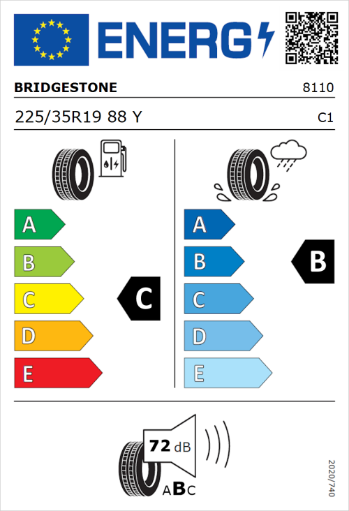 Tyre Label for Bridgestone Potenza S001 225/35R19 88Y