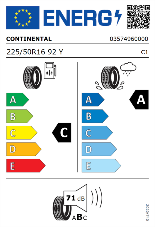 Tyre Label for Continental PremiumContact 6 225/50R16 92Y